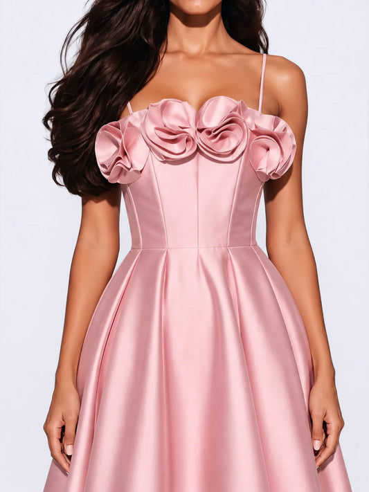 Kaia 3D Floral Satin Camisole Midi Dress In Pink