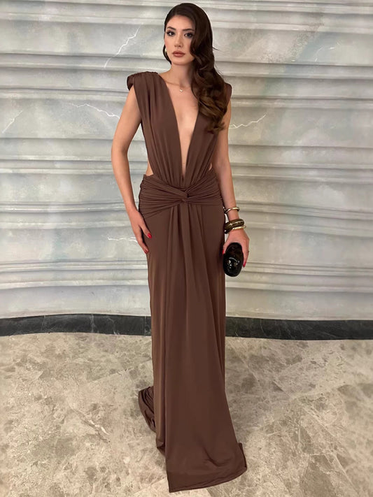 Clementine Pleated Deep V-Neck Maxi Dress