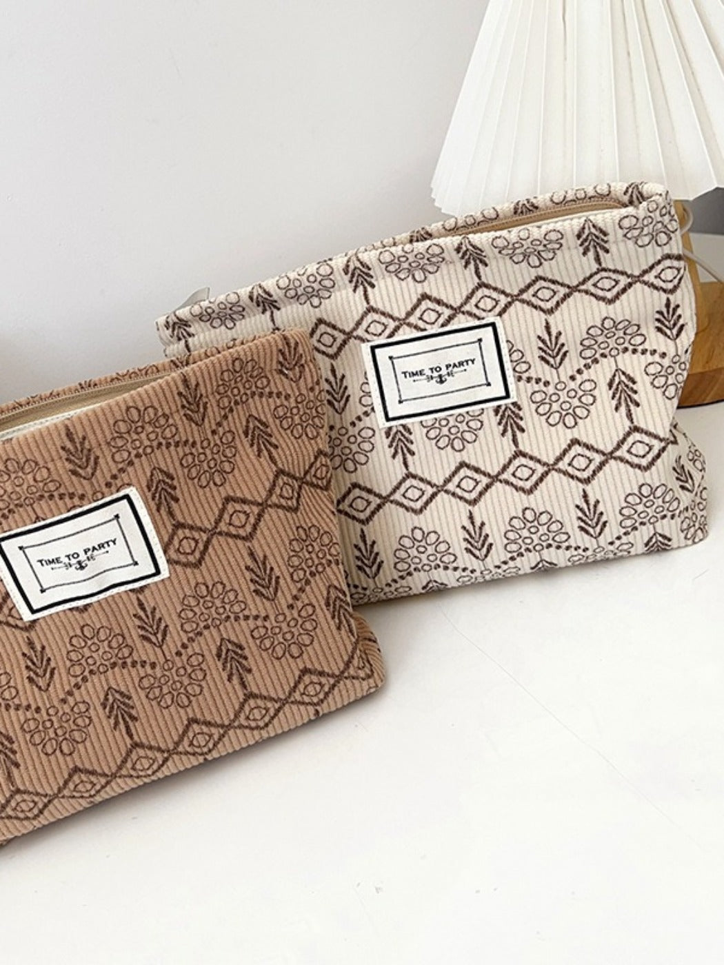 Cosbai - Fabric Geometric &amp; Floral Print Pouch Bag with Zipper