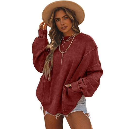 Loose-Fit Minimalist Solid Color Ribbed Cuff Sweatshirt