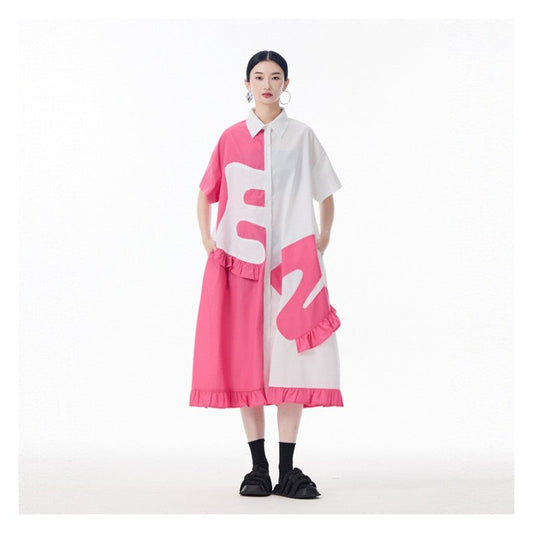 Color Block Polo Collar Flounce Sleeveless A-Line Dress