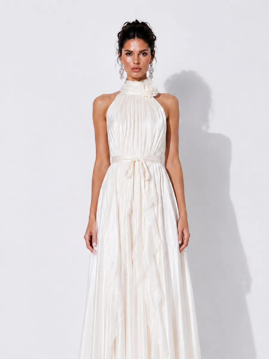 Elena 3D Floral Halter-Neck Pleated Maxi Dress