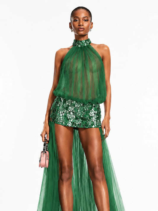 Salma Sheer Mesh Beaded Maxi Dress In Green