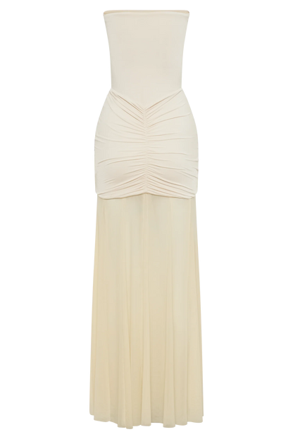 Caspian Slinky And Mesh Off Shoulder Maxi Dress - Ivory
