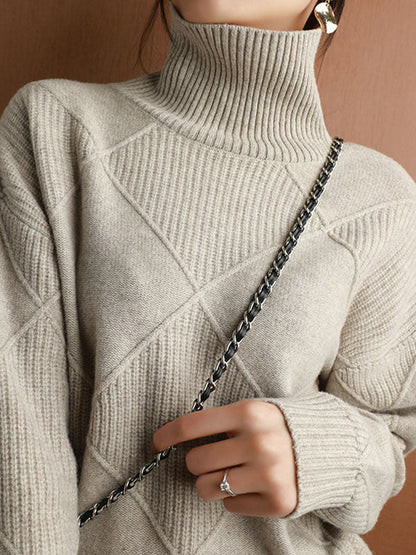 Loose Jacquard Solid Color High-Neck Sweater Tops