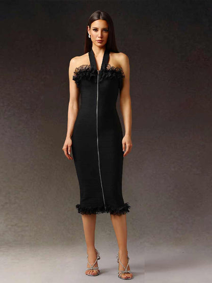 Calista Halter Sleeveless Lace Bandage Midi Dress