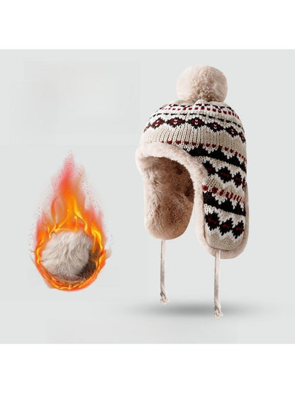 Haila - Jacquard Patterned Fleece-Lined Knitted Beanie with Earflaps
