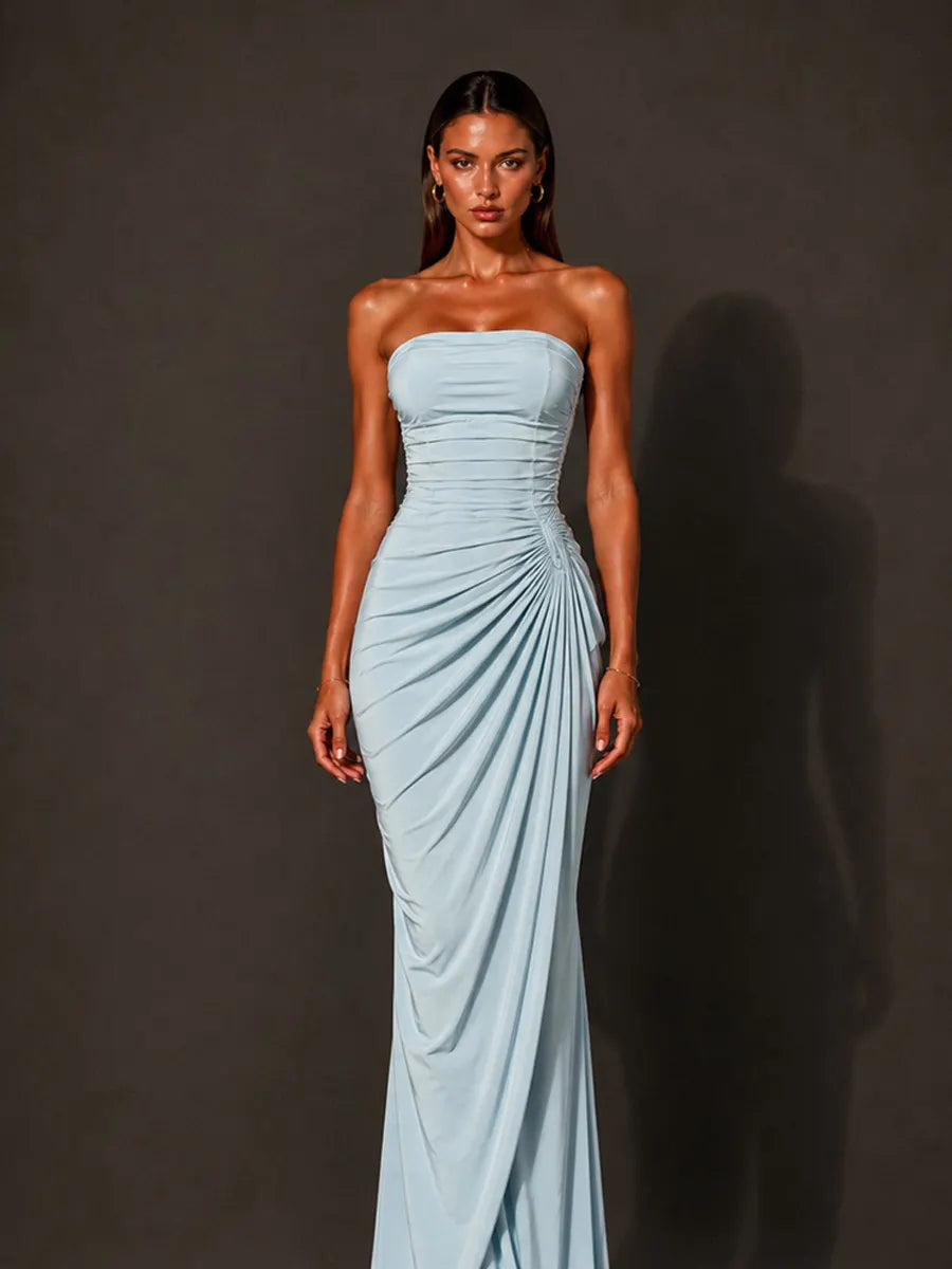 Isabella Strapless Ruched Bodycon Maxi Dress In Blue