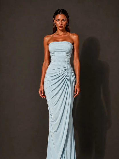 Isabella Strapless Ruched Bodycon Maxi Dress In Blue