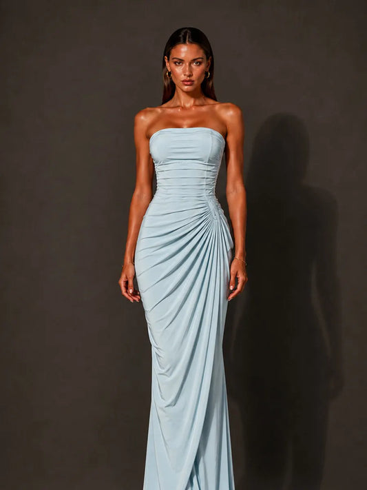 Isabella Strapless Ruched Bodycon Maxi Dress In Blue