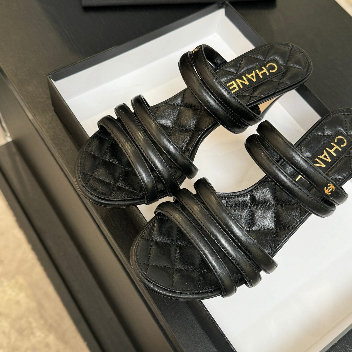 CC 26C Double C Strap Sandals Black Sheepskin