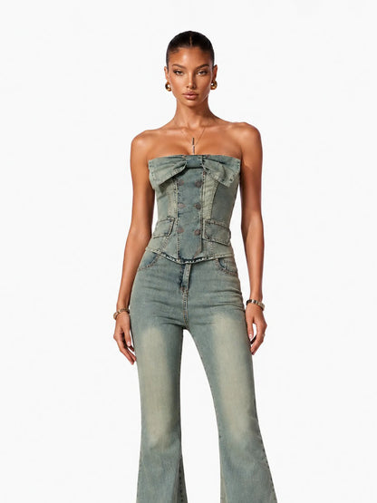 Sophia Chic Contour Bow Denim Top And Pant Two Piece Set