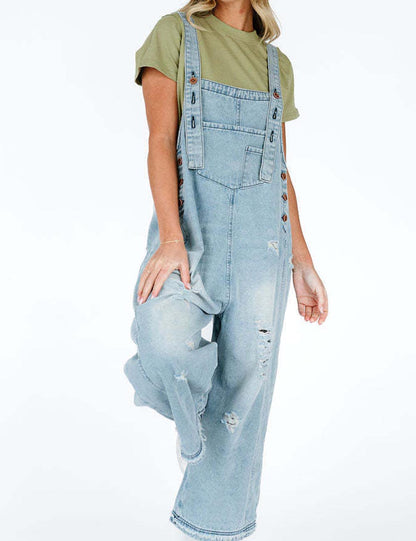 Distressed Rippd Loose Wide Leg Bib Overalls