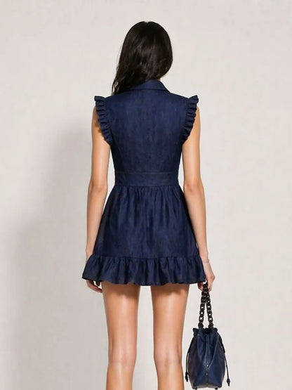 Kira Ruffled Sleeveless Zip-Front Denim Dress
