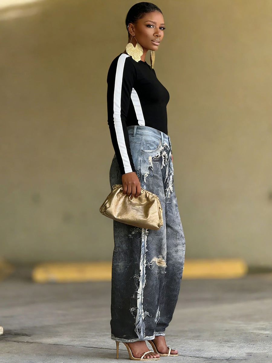 Chiara Distressed Faux Two-Piece 3D Printed Jeans