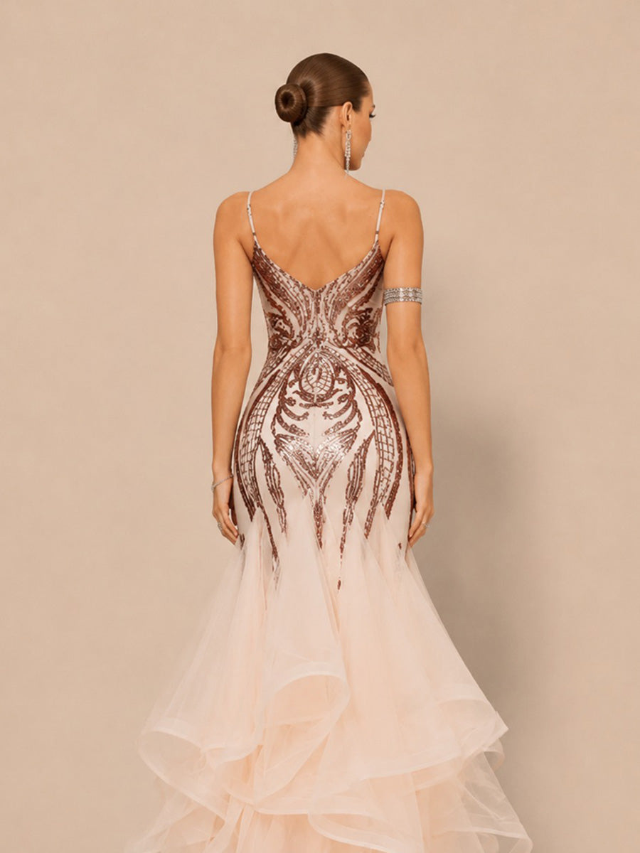 Jocelyn Elegant Contour V Neck Sequin Pattern Maxi Dress