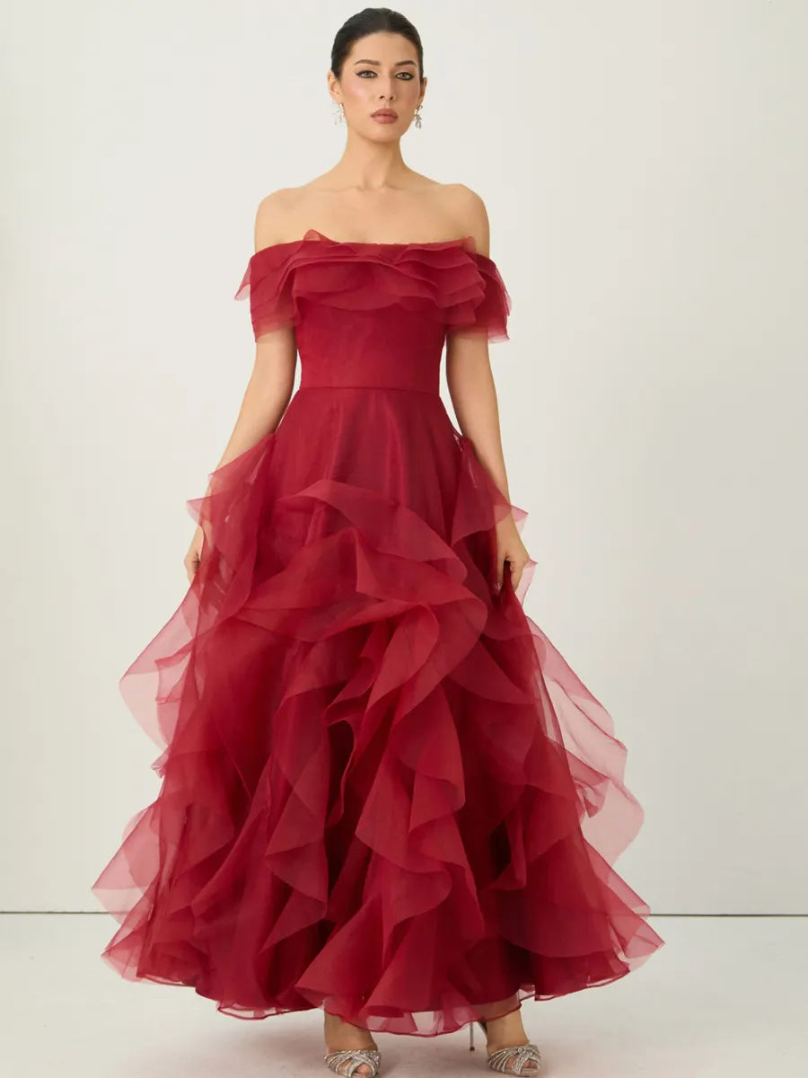 Penelope Off Shoulder Tiered Ruffle Organza Maxi Dress