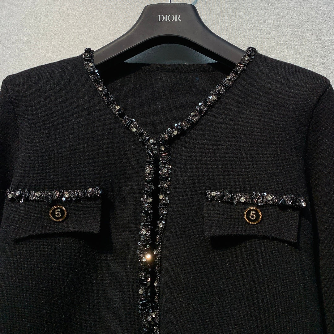 Chanel 26 Beaded Stylish Button Cardigan Black in Wool 800686