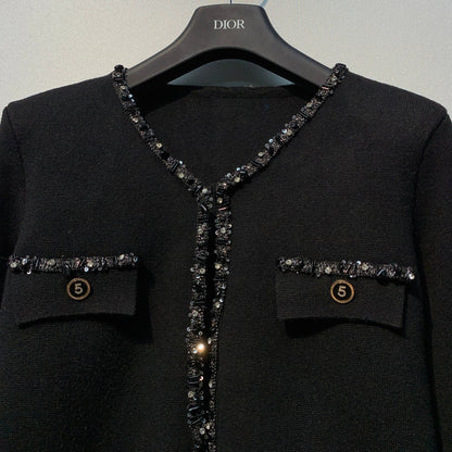 Chanel 26 Beaded Stylish Button Cardigan Black in Wool 800686
