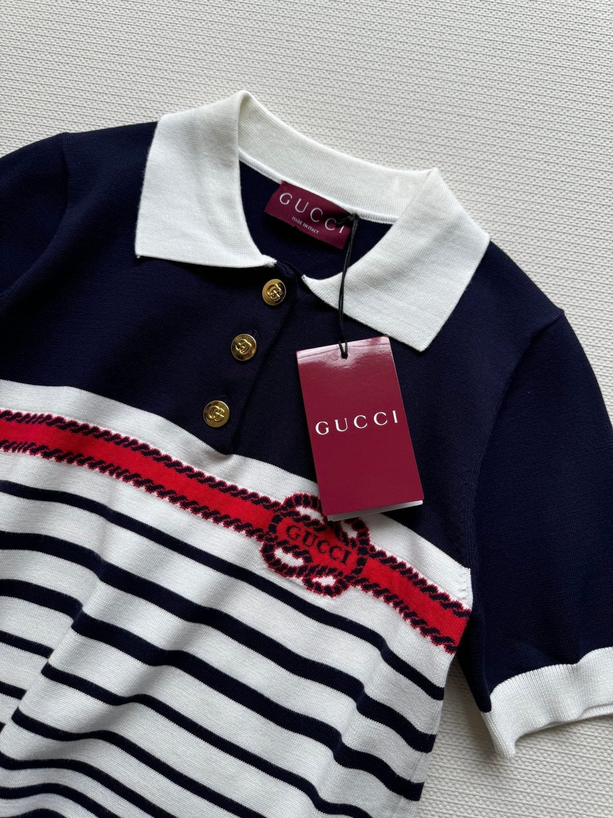 Gucci Striped Polo Knitted Top Dark Blue White Cotton