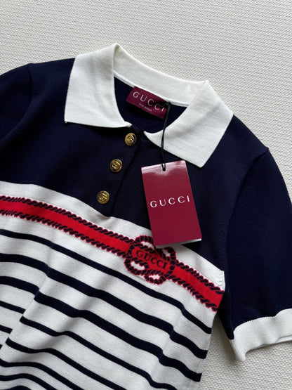 Gucci Striped Polo Knitted Top Dark Blue White Cotton
