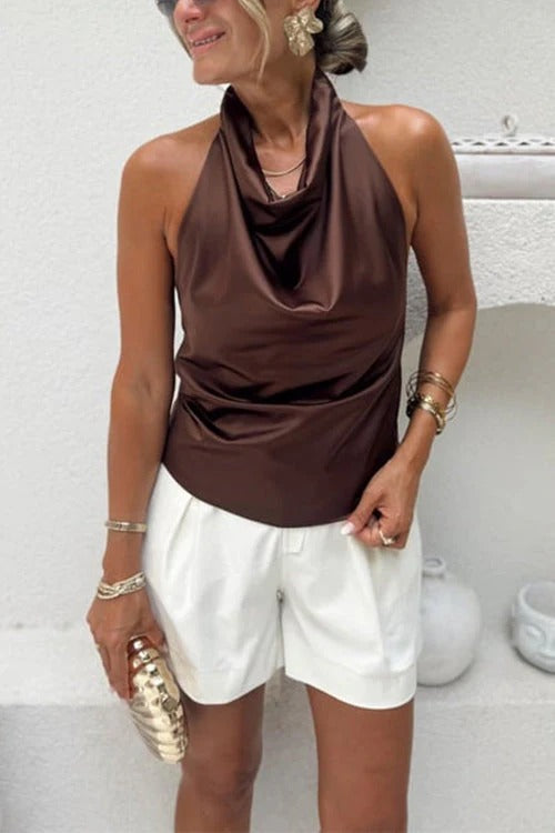 Chic Halter Cowl Neck Sleeveless Satin Top