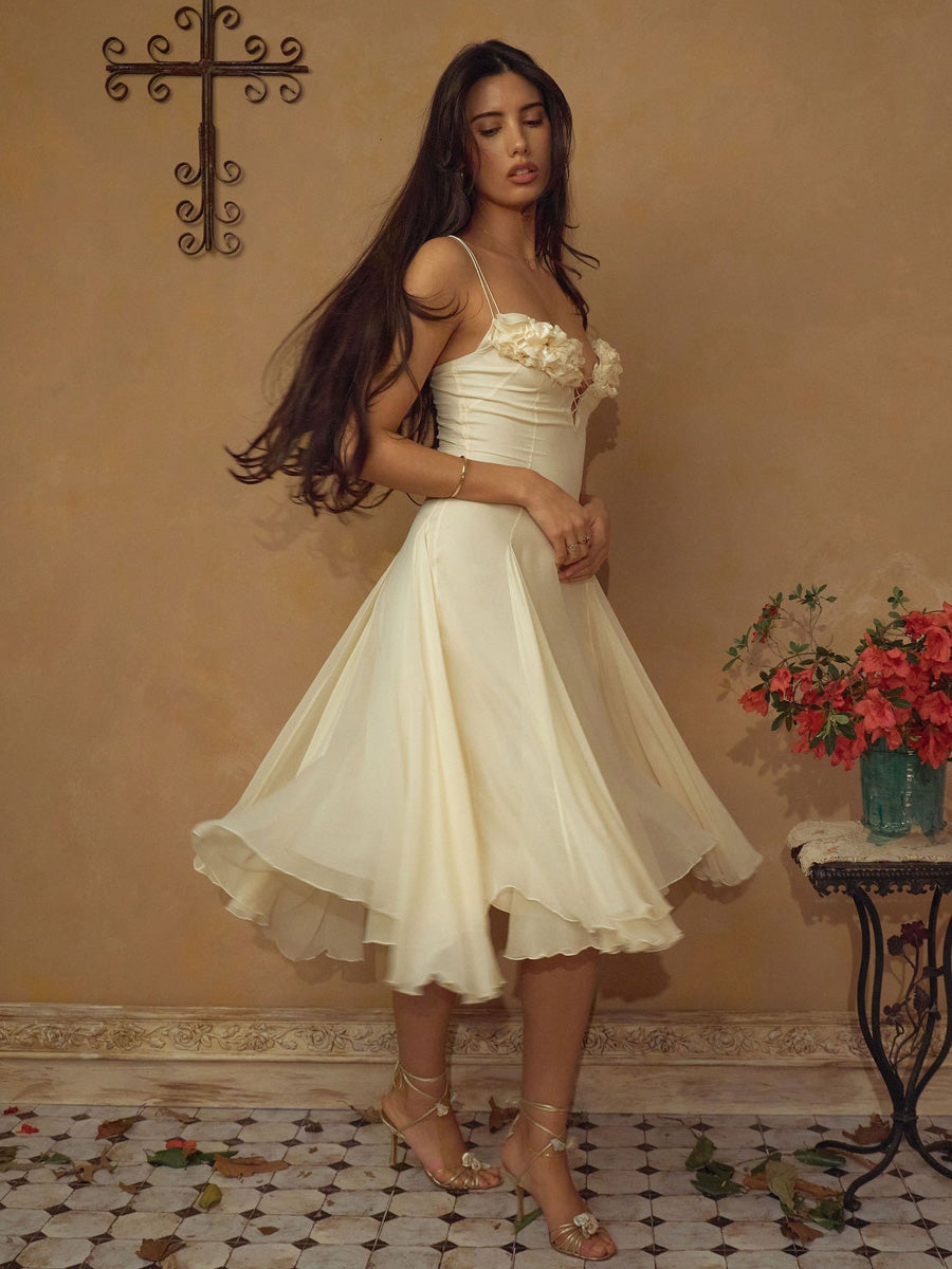 Sienna 3D Floral Chiffon Midi Dress In Butter