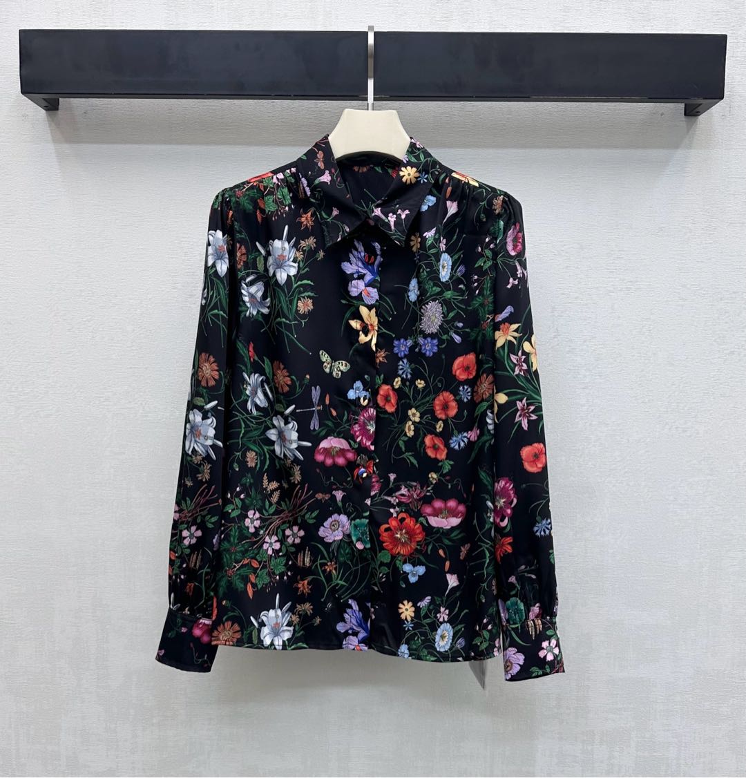 GG SS26 Flora Printed Collared Shirt Black Multicolor Silk 351779