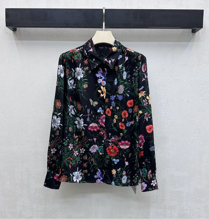 GG SS26 Flora Printed Collared Shirt Black Multicolor Silk 351779