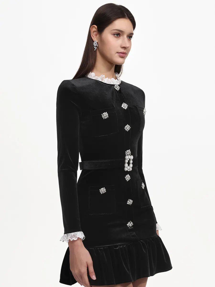 Harper Classic Long Sleeve Rhinestone Ruffle Velvet Mini Dress