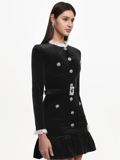 Harper Classic Long Sleeve Rhinestone Ruffle Velvet Mini Dress
