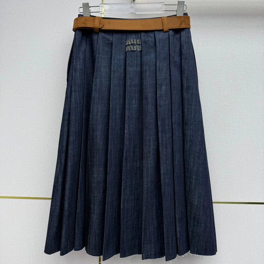 Miumiu 2026 Retro Denim Pleated Skirt Blue Cotton 351555