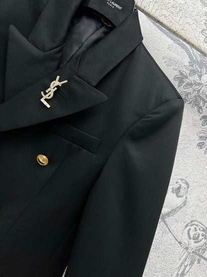 YSL 25 Double-breasted Suit Jacket Black Cotton Polyester