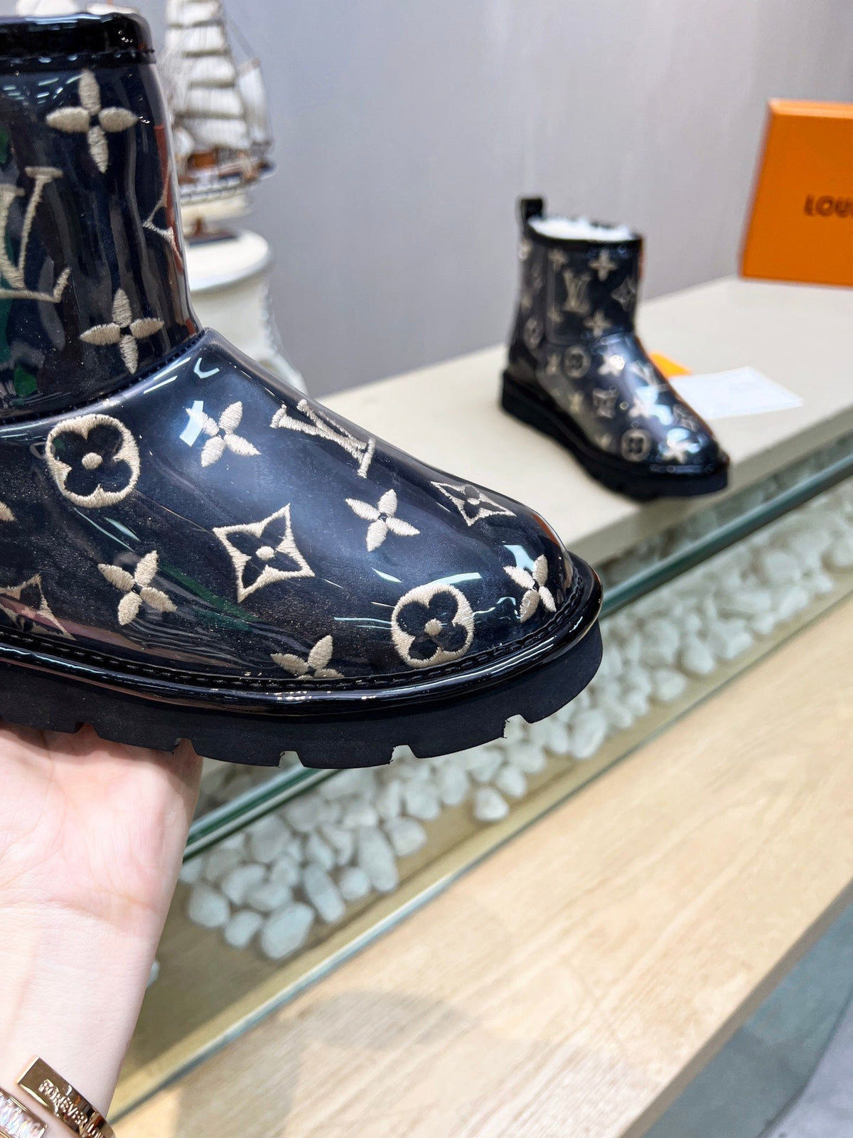 LV 25 Snow Boots Black Monogram PVC Wool