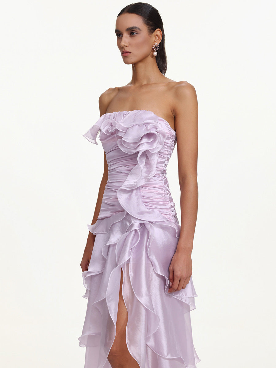 Ivy Flowy Strapless Asymmetric Ruffle High Slit Maxi Dress