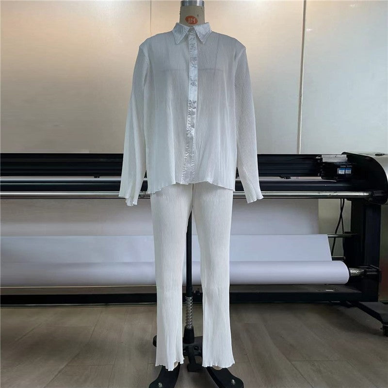 Printed Pleated Long Sleeve Long Pants Set