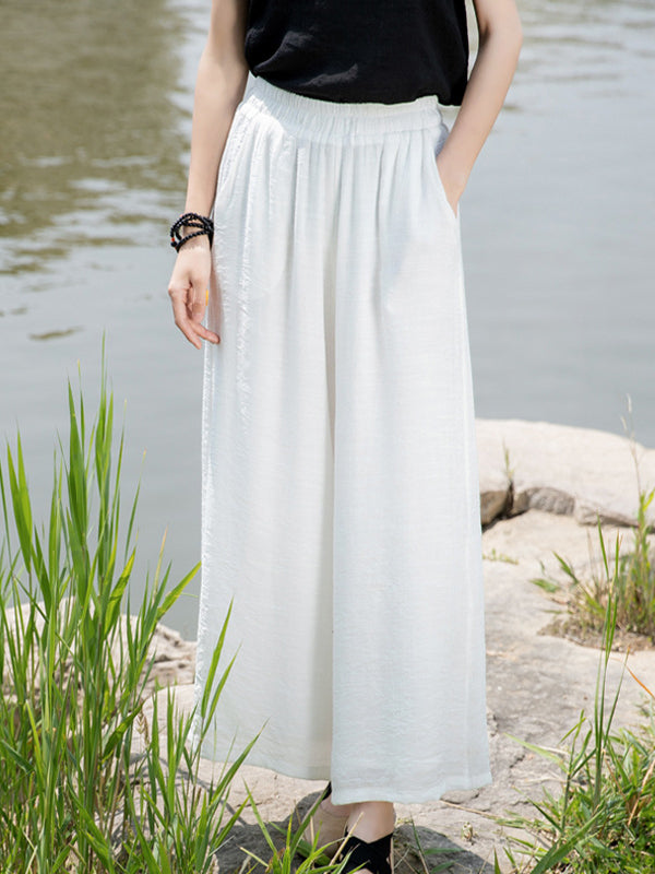 Simple Wide Legs Loose Elasticity Solid Color Casual Pants Bottoms