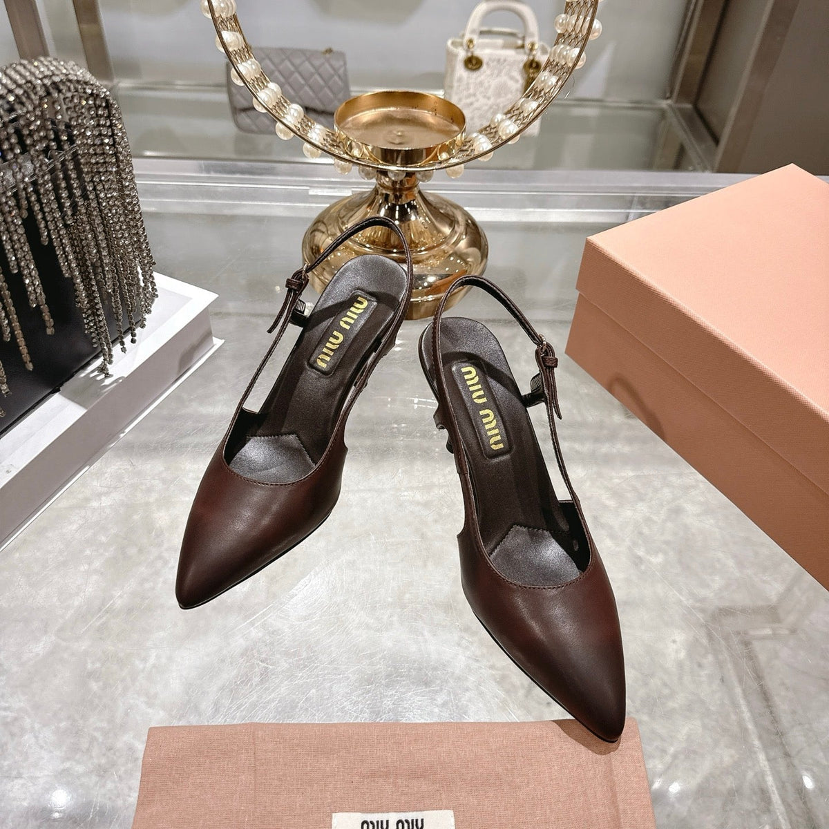 Miu 26 High Heel Slingback 75 Brown Chocolate Cowhide 592082