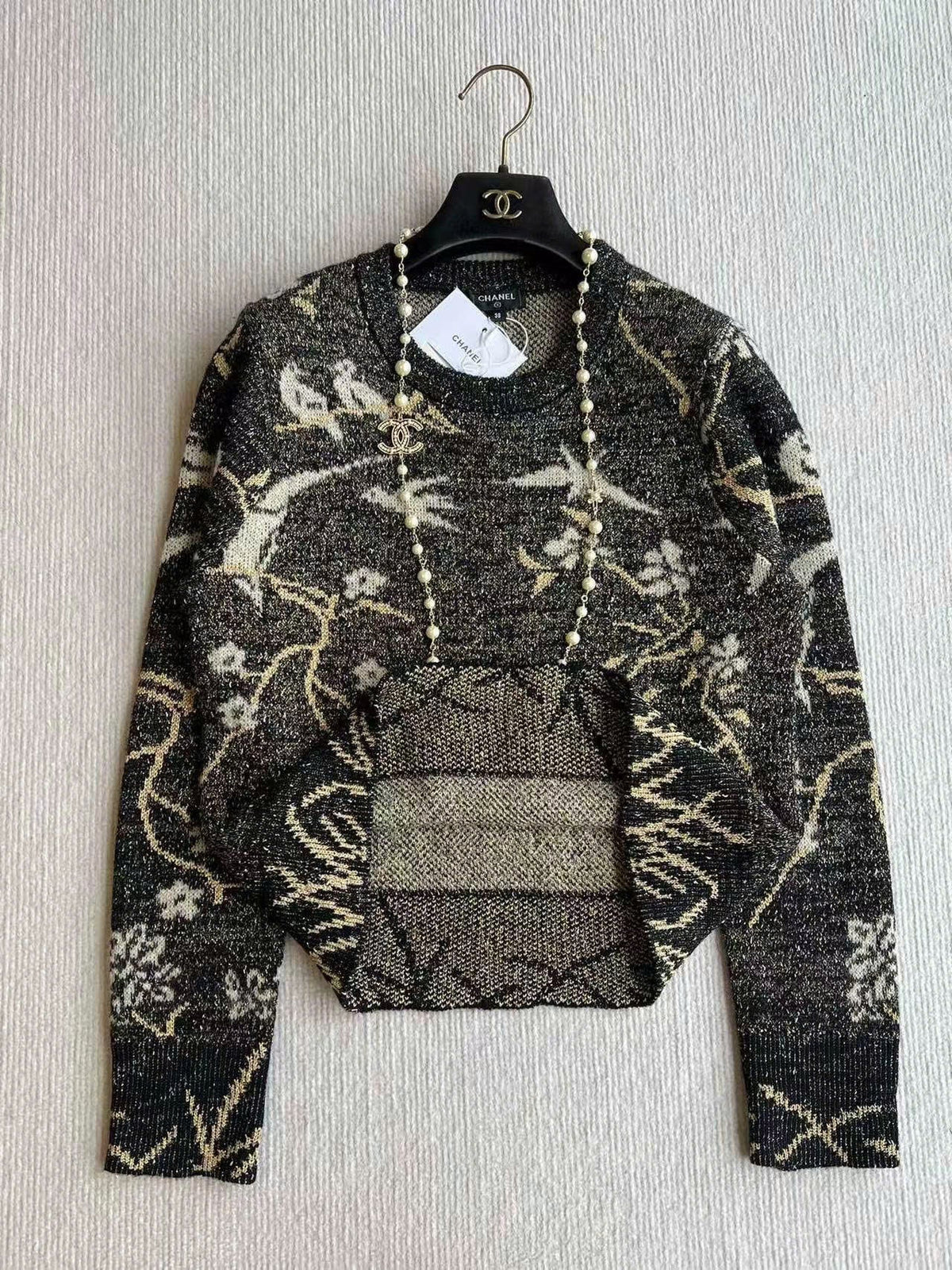 CC Sweater in Navy Blue Gold Wool and Metal Film