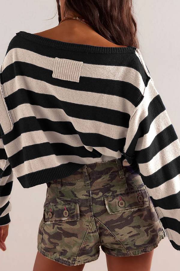Striped Print Crew Neck Long Sleeve Loose Knitted Sweater