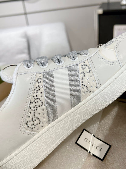 Gucci 2025 Screener Sneaker White Gray Leather Canvas 758539