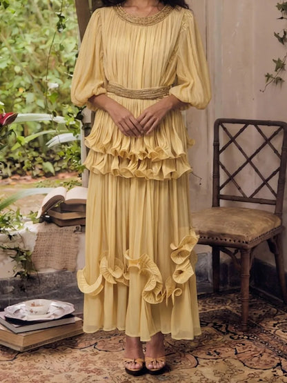Eloisa Puff-Sleeve Ruffled Maxi Dress