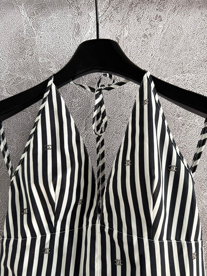 CC Striped Halter Top Black White Cotton