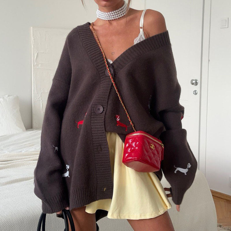 Cute Animal Embroidery V-Neck Oversized Cardigan