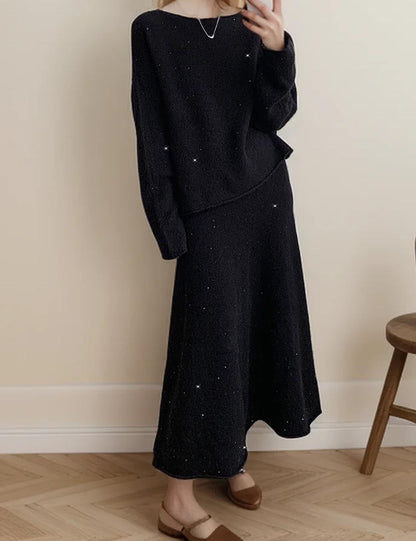 Casual Round Neck Sweater Maxi Skirt Set