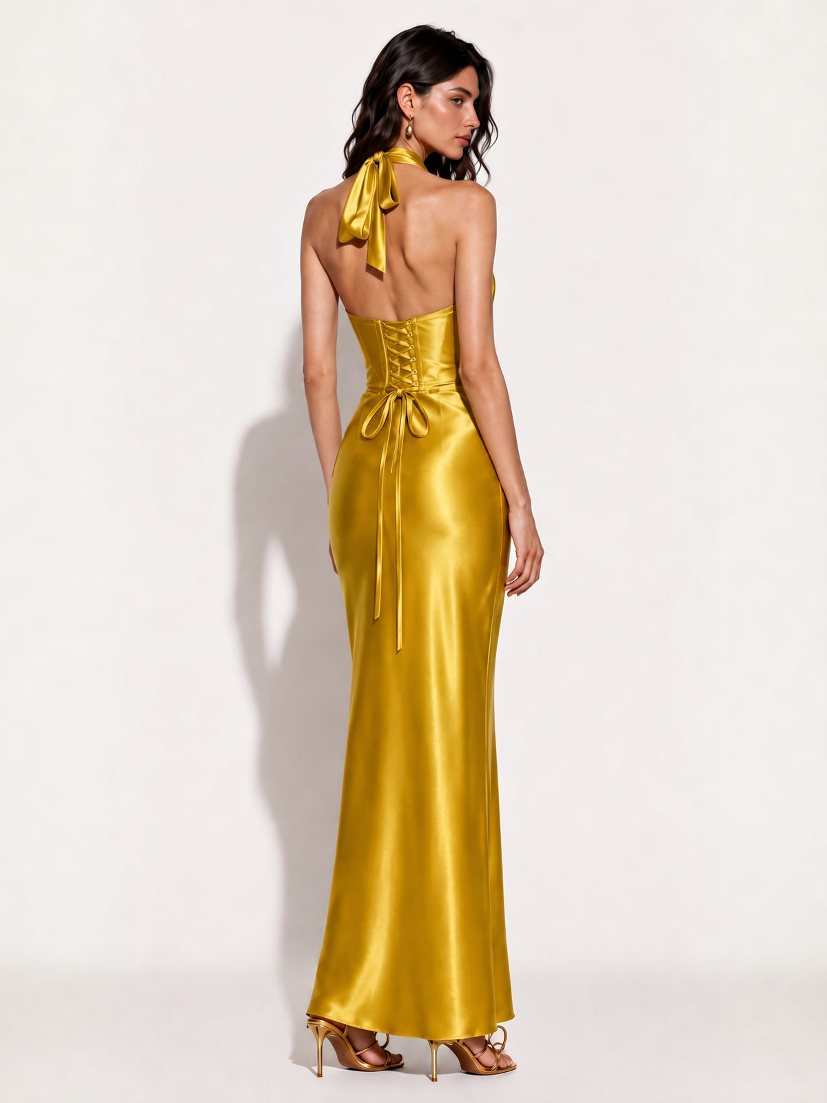 Audrey Satin Halter-Neck Mermaid Maxi Dress In Yellow