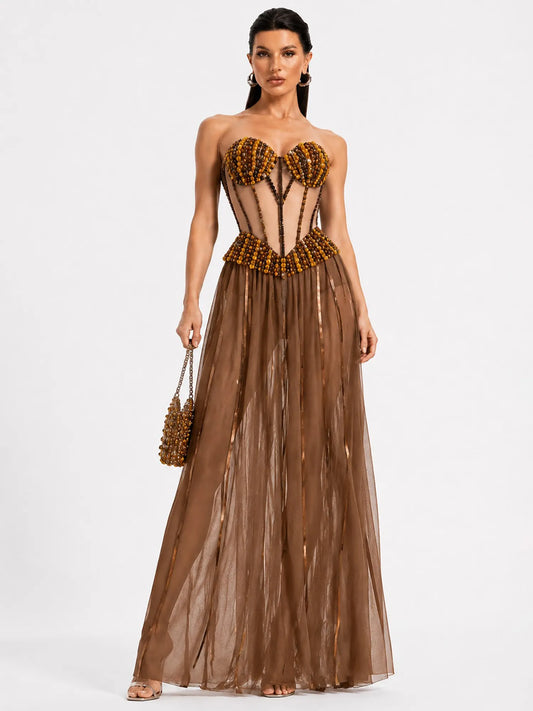 Penelope Rhinestone-Embellished Strapless Tulle Maxi Dress