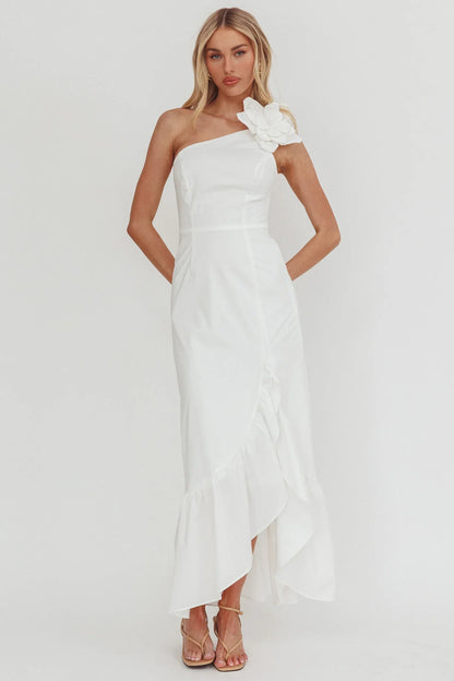 Dena One-Shoulder Frill Hem Maxi Dress White