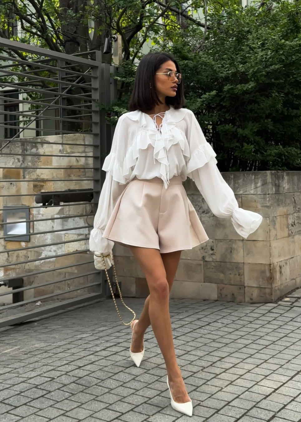 Ruffled Chiffon Blouse with Lace-Up Neckline