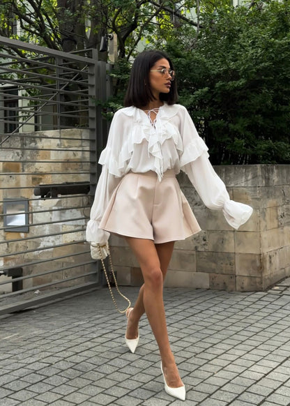 Ruffled Chiffon Blouse with Lace-Up Neckline